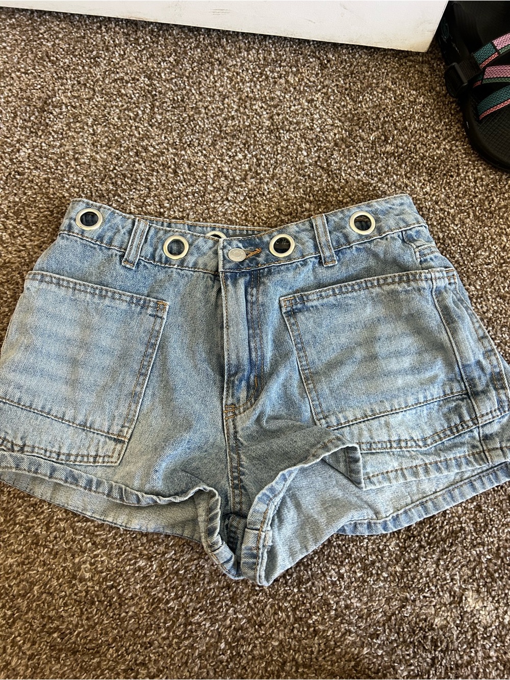 High-Rise Light Blue Denim Jean Shorts with Grommet Waist